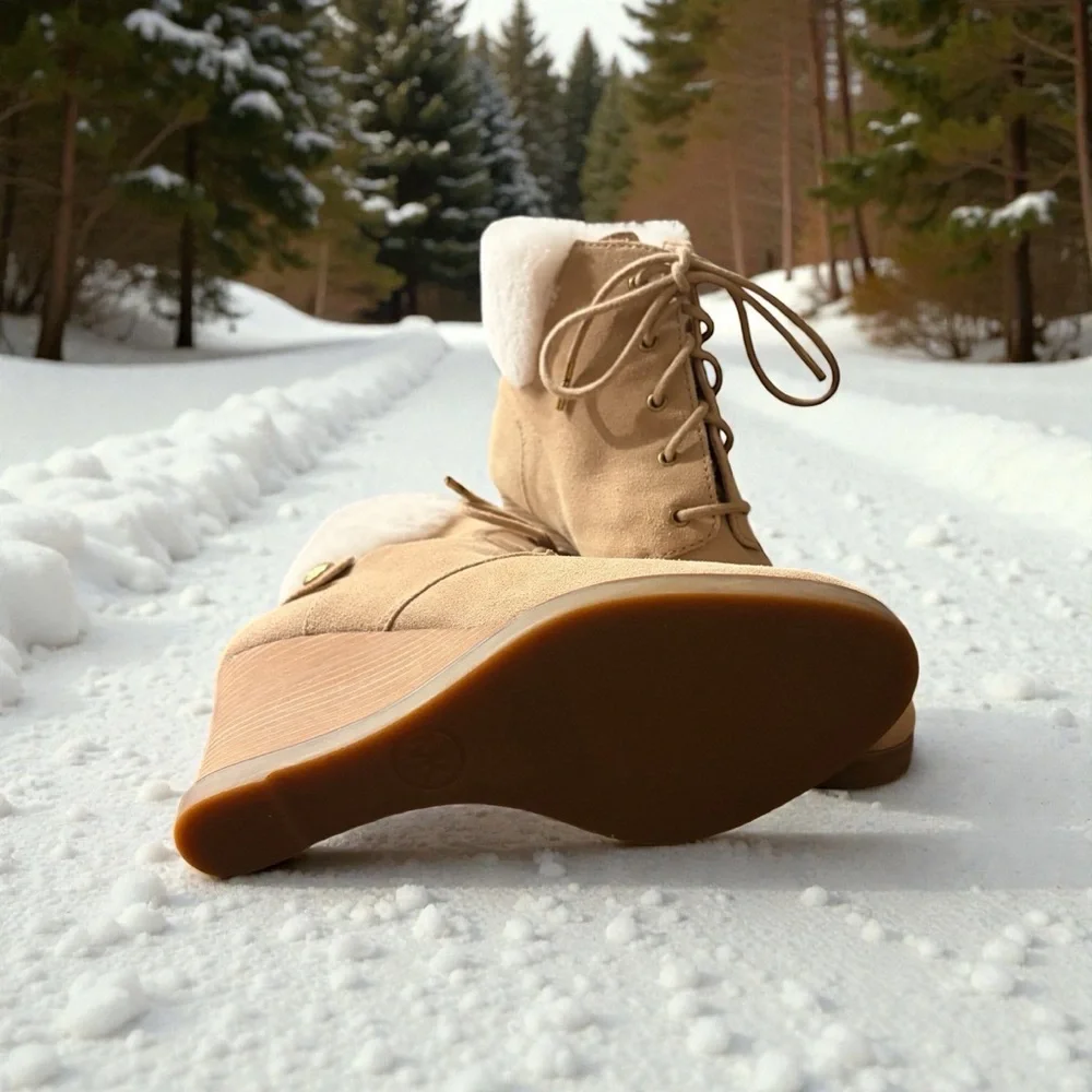Michael Kors Carrigan Shearling Tan Suede Leather Women's Wedge Ankle Boots